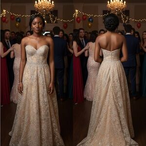 Ellie Wilde Elegant Gold Lace Prom or Evening  Dress